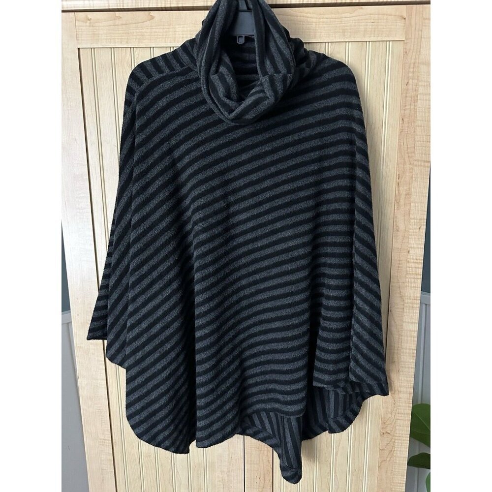 Soft Surroundings Poncho Women One Size Gray Black Stripe Cowl Neck Sweater Cozy